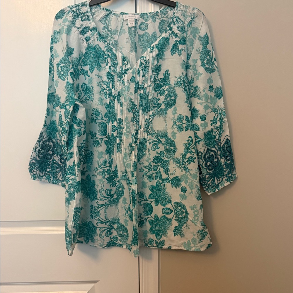Charter Club Teal Floral Pintuck Blouse